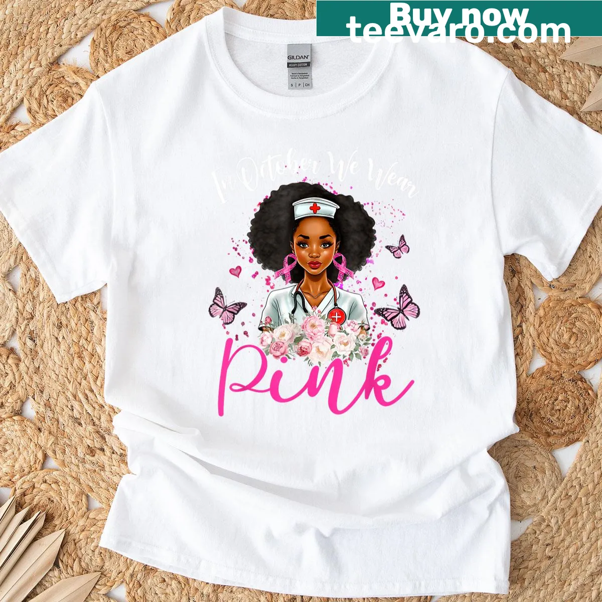 Pink ribbon graphic promoting breast cancer awareness on T-shirt — on a men's t-shirt