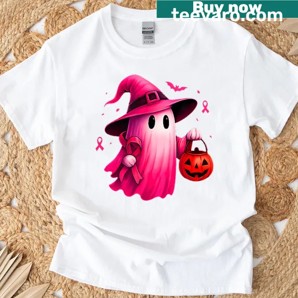 Halloween-themed T-shirt featuring dual print for breast cancer awareness