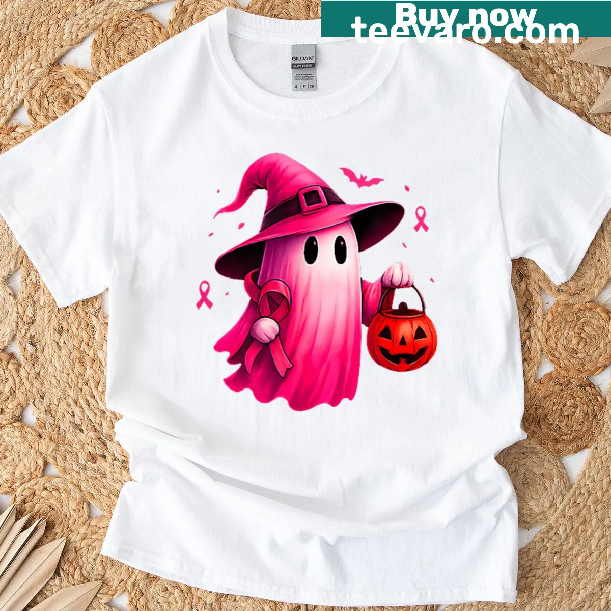 Halloween-themed T-shirt featuring dual print for breast cancer awareness — on a men's t-shirt