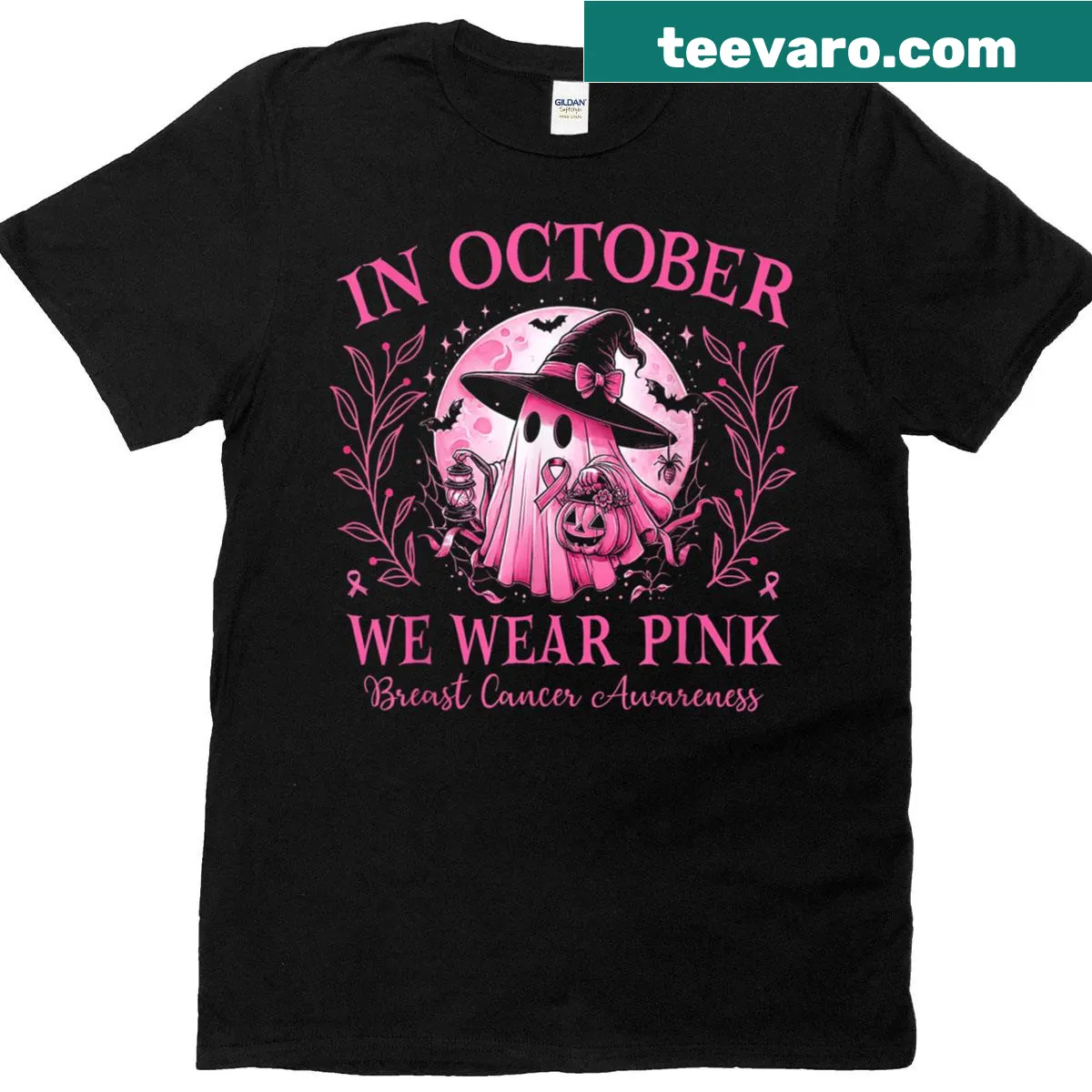 Halloween themed Breast Cancer Awareness t-shirt with text — on a men's t-shirt