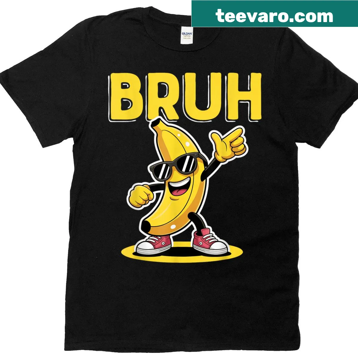 Cartoon banana dabbing with text 'Bruh Banana' on t-shirt — on a men's t-shirt