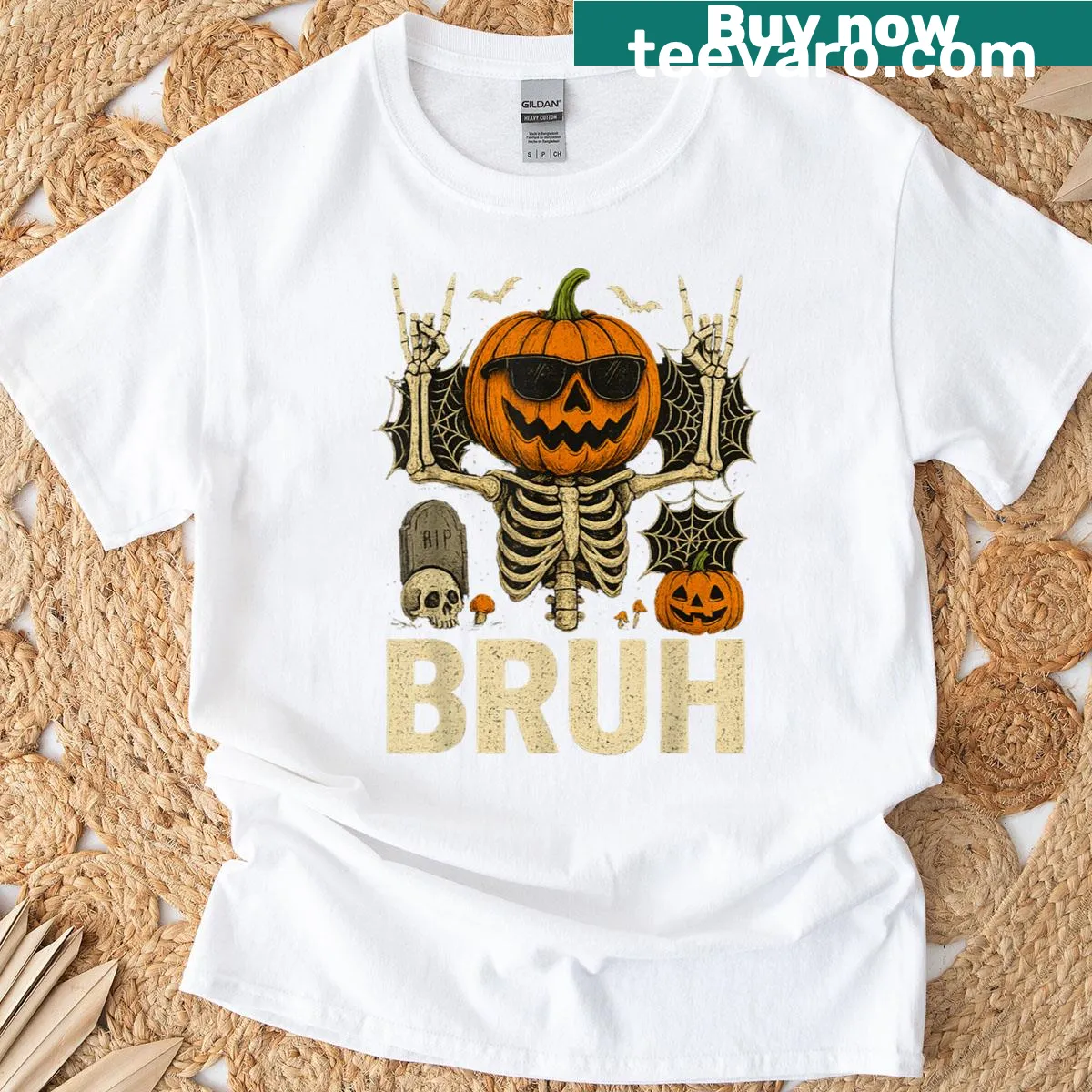Funny skeleton and pumpkin graphic T-shirt — on a men's t-shirt
