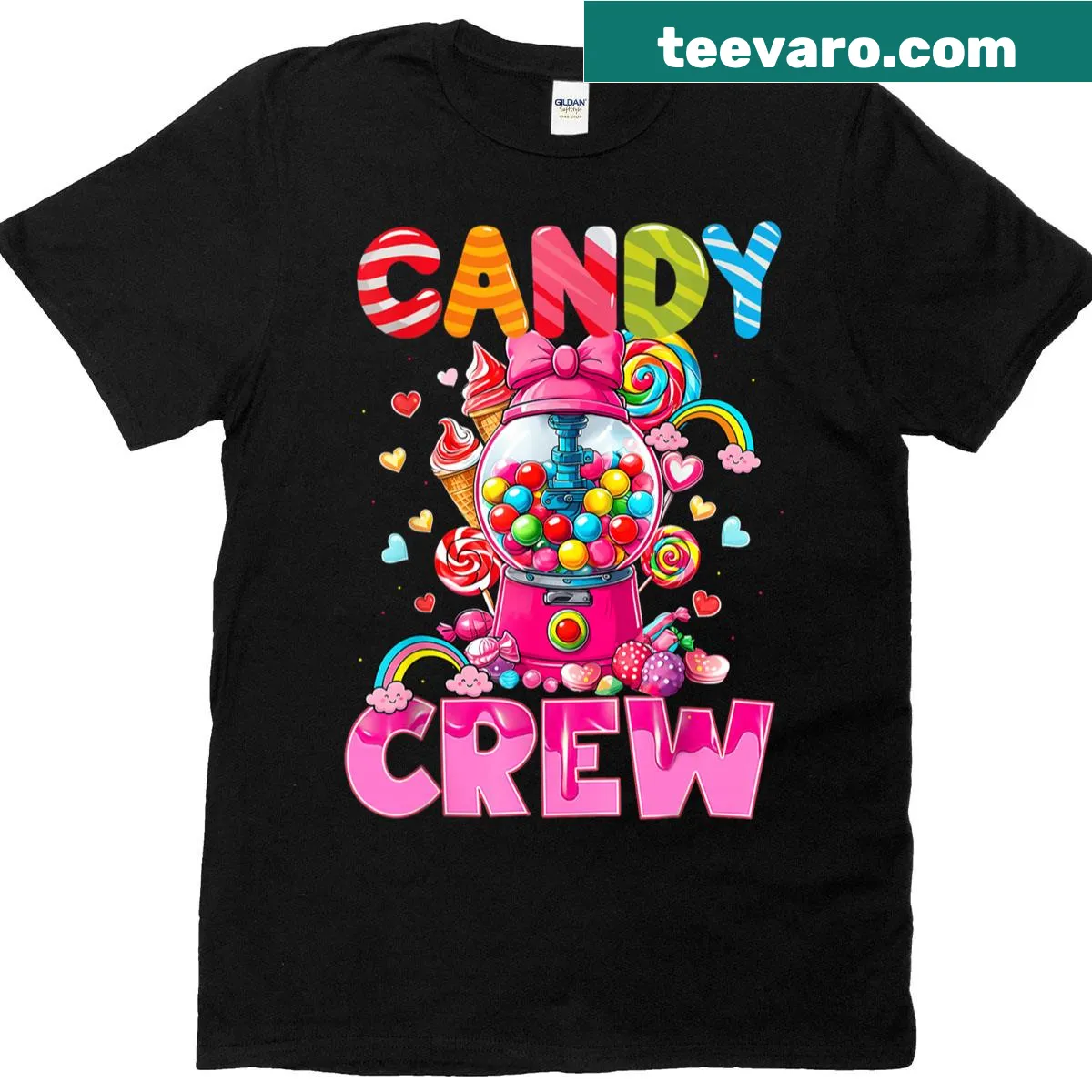Cute Candy Crew cartoon graphic T-shirt for candy lovers — on a men's t-shirt