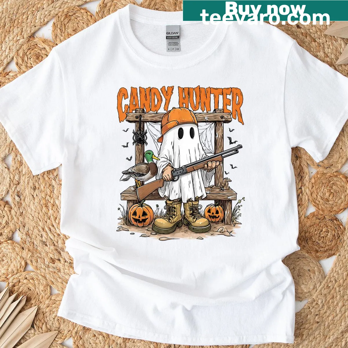 Camo Candy Hunter Halloween T-shirt with ghost graphics — on a men's t-shirt