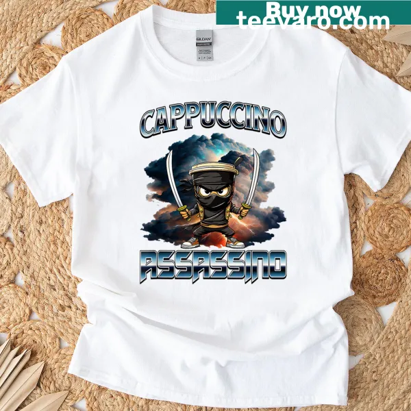 Cartoon graphic of 'Cappuccino Assassino' on a humorous T-shirt