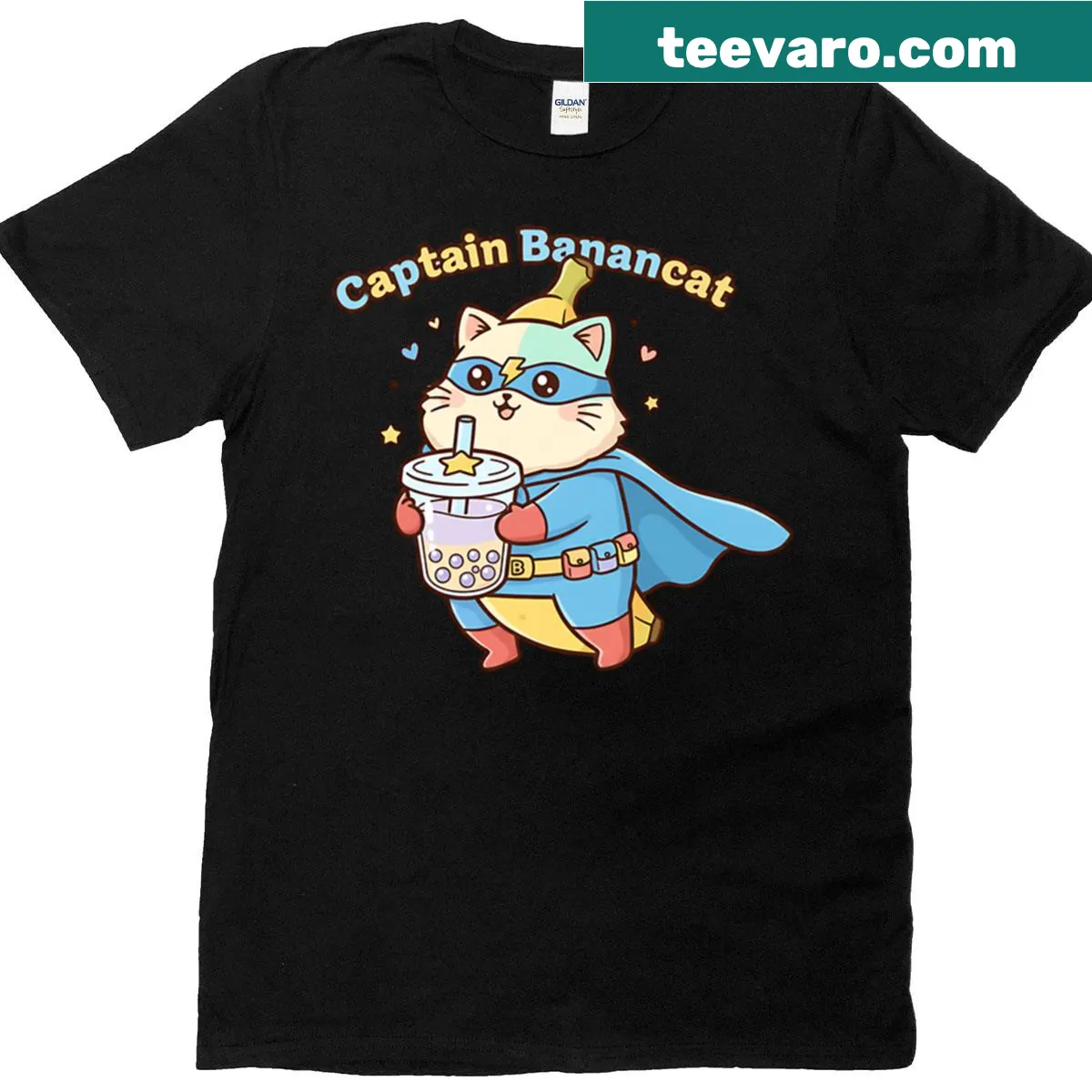 Superhero cat with bubble tea graphic on oversized T-shirt — on a men's t-shirt