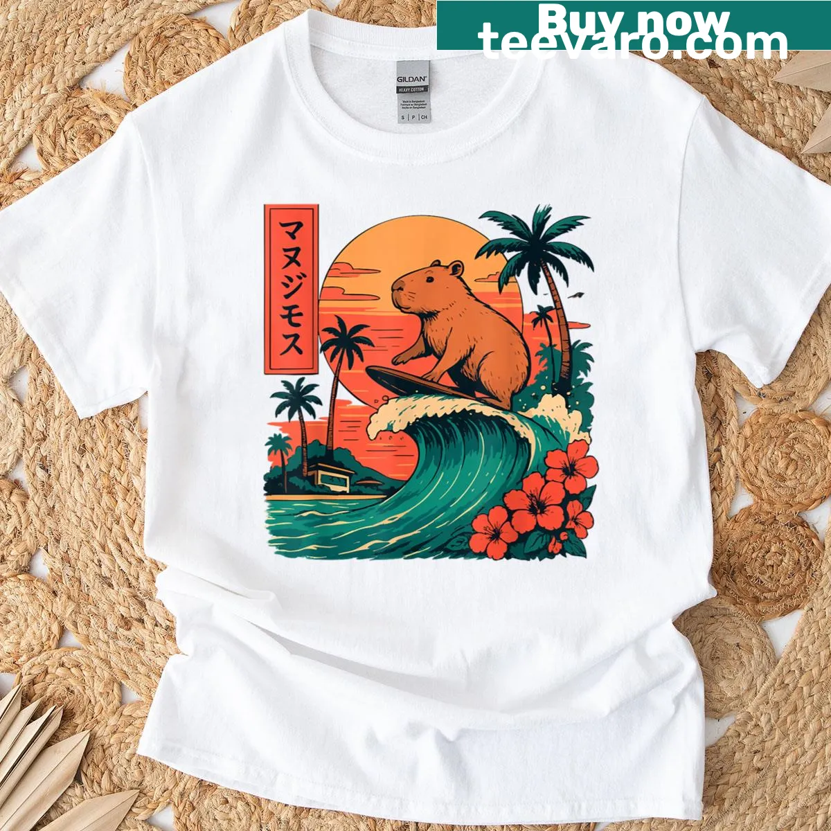 Capybara surfing graphic T-shirt in Japanese style — on a men's t-shirt