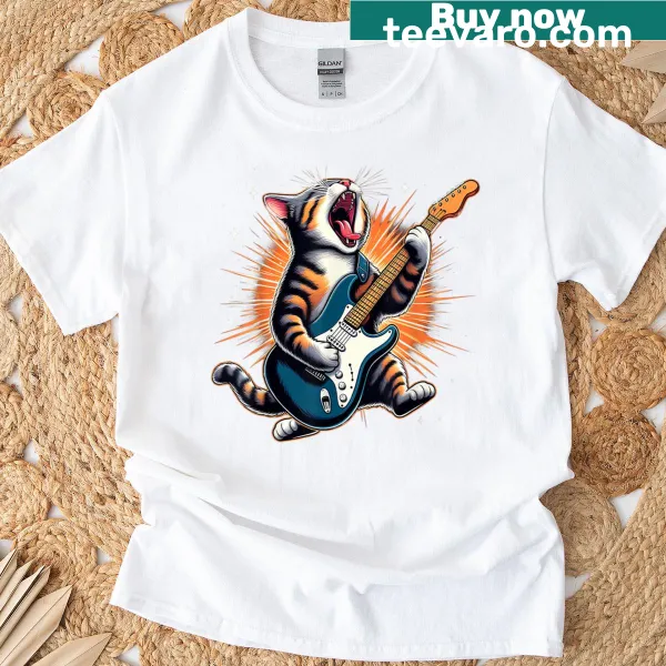 Fun graphic t-shirt featuring a cat playing guitar