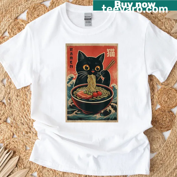 Cute T-shirt featuring a cat in a bowl of ramen, blending food and humor.