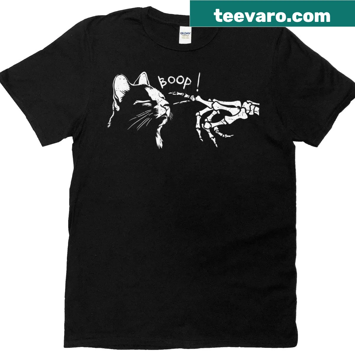 Cute cat skeleton with a hand boop graphic on a Halloween t-shirt — on a men's t-shirt