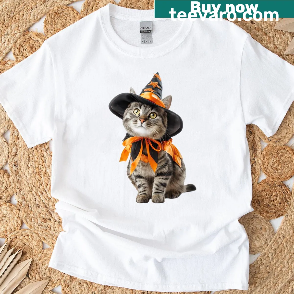 Funny Halloween T-shirt with a cat in a witch costume — on a men's t-shirt