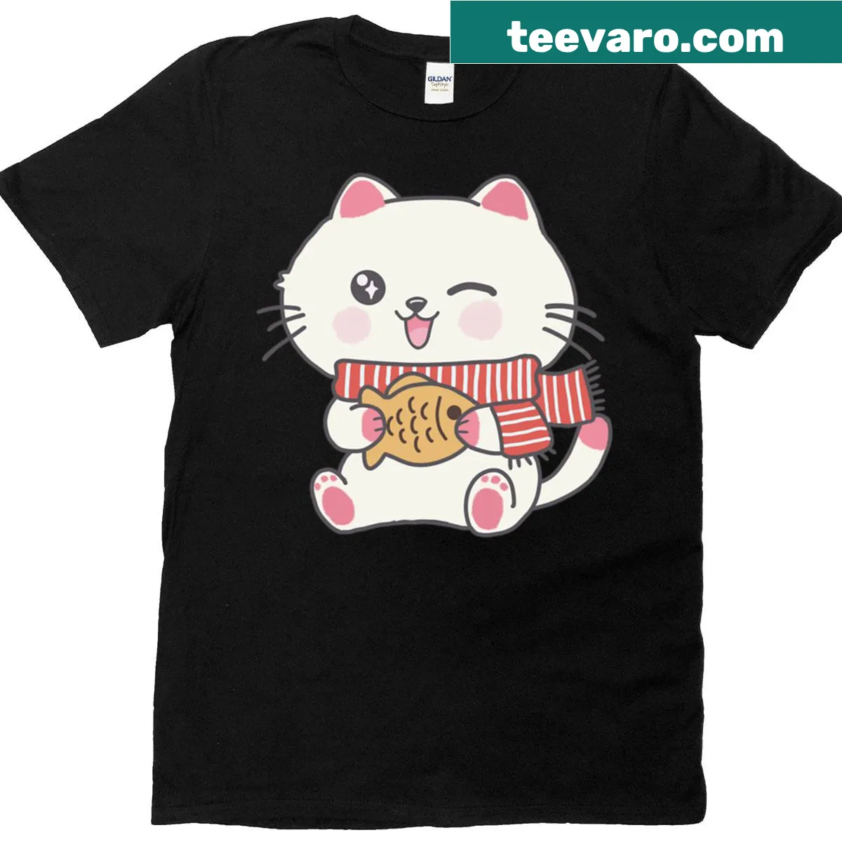 Cat with a fish graphic T-shirt — on a men's t-shirt
