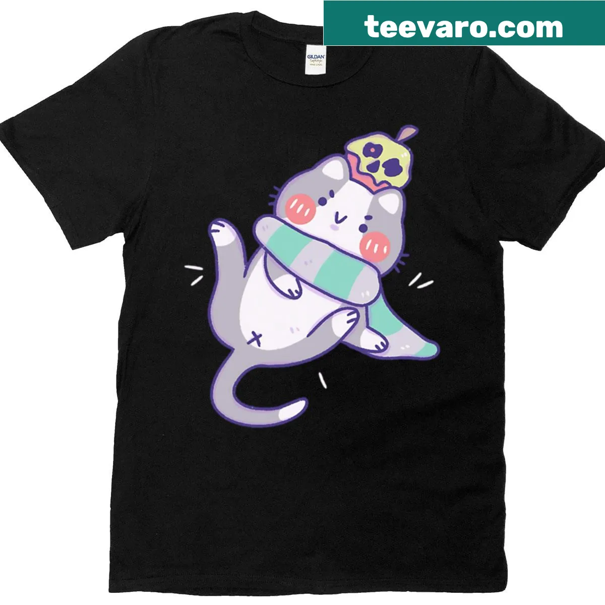 Illustration of a cute cat wearing a skull hat — on a men's t-shirt