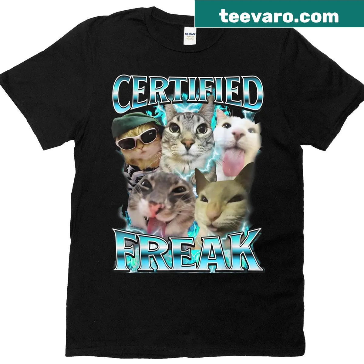 Funny cat meme shirt with 'Certified Freak' text and illustration — on a men's t-shirt