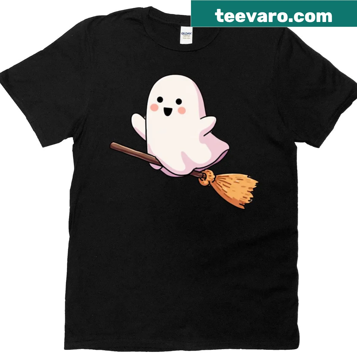 Cartoon ghost flying on a broomstick in a Halloween design. — on a men's t-shirt