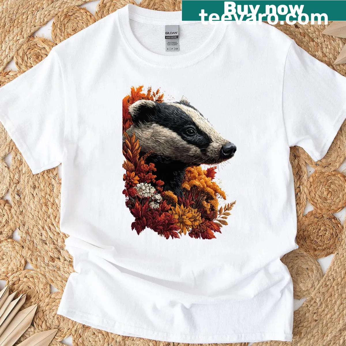 Illustrated badger surrounded by autumn leaves and flowers — on a men's t-shirt