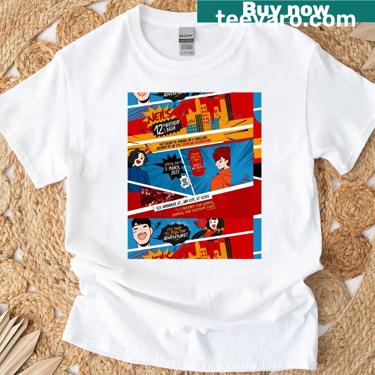 Birthday party invite design superhero T-shirt — on a men's t-shirt