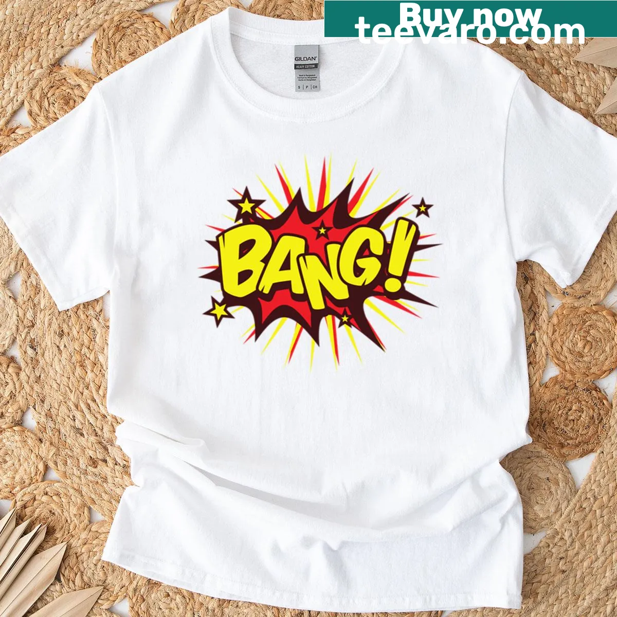 Pop art style T-shirt with comic book explosion graphic — on a men's t-shirt