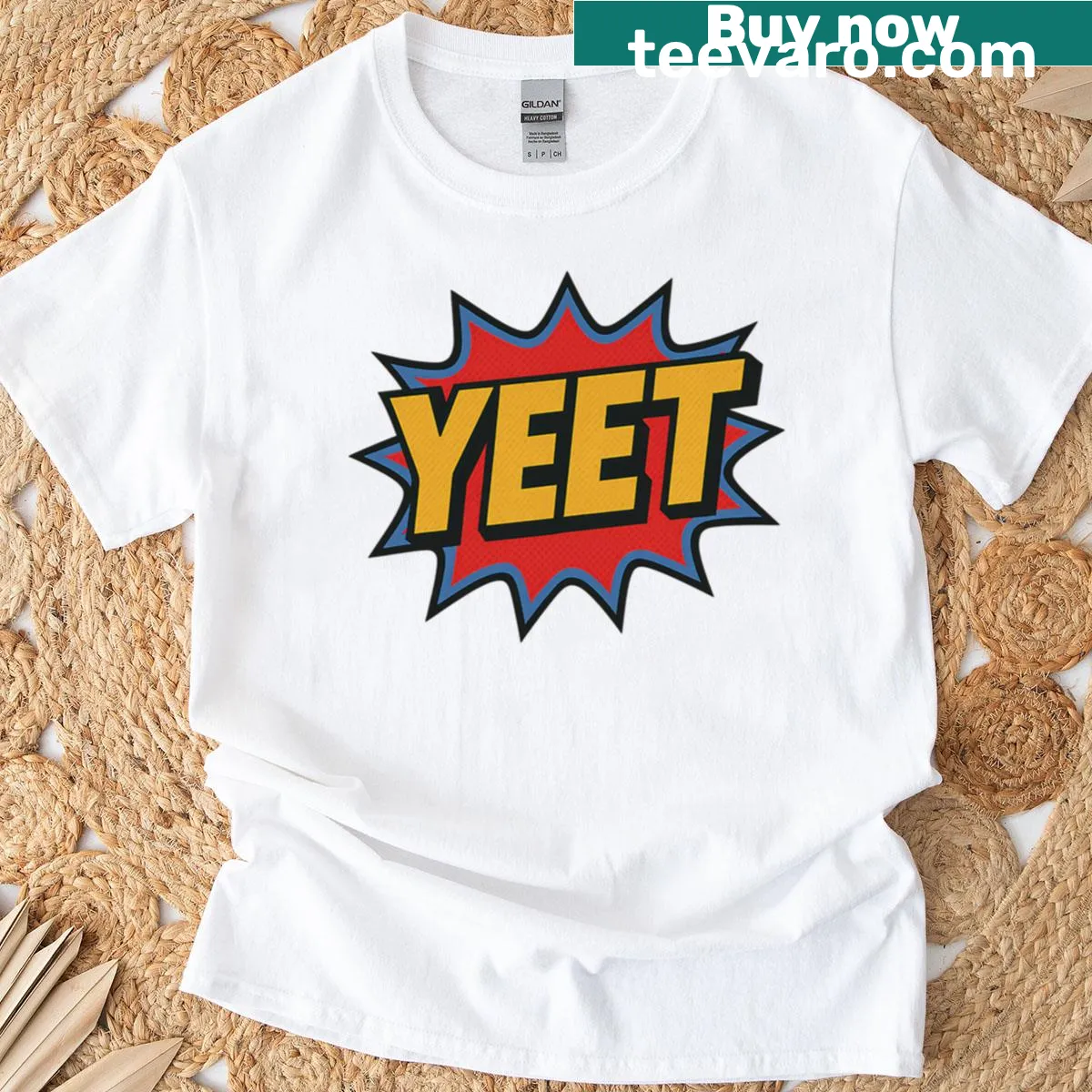 Comic-style Yeet wrestling design t-shirt — on a men's t-shirt