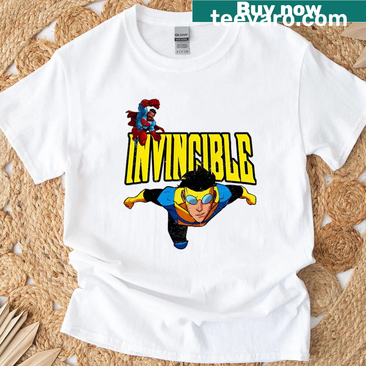 Vintage cartoon parody of superhero father and son t-shirt — on a men's t-shirt