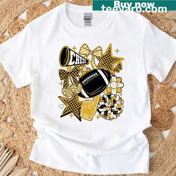 Football-themed t-shirt for cheer moms with a bow design.
