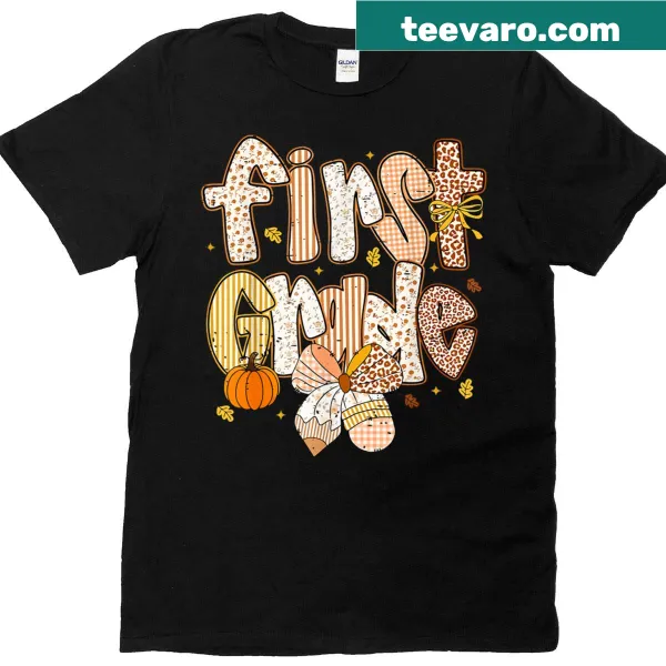 Cute T-shirt for first grade teachers with pencil and bow graphic