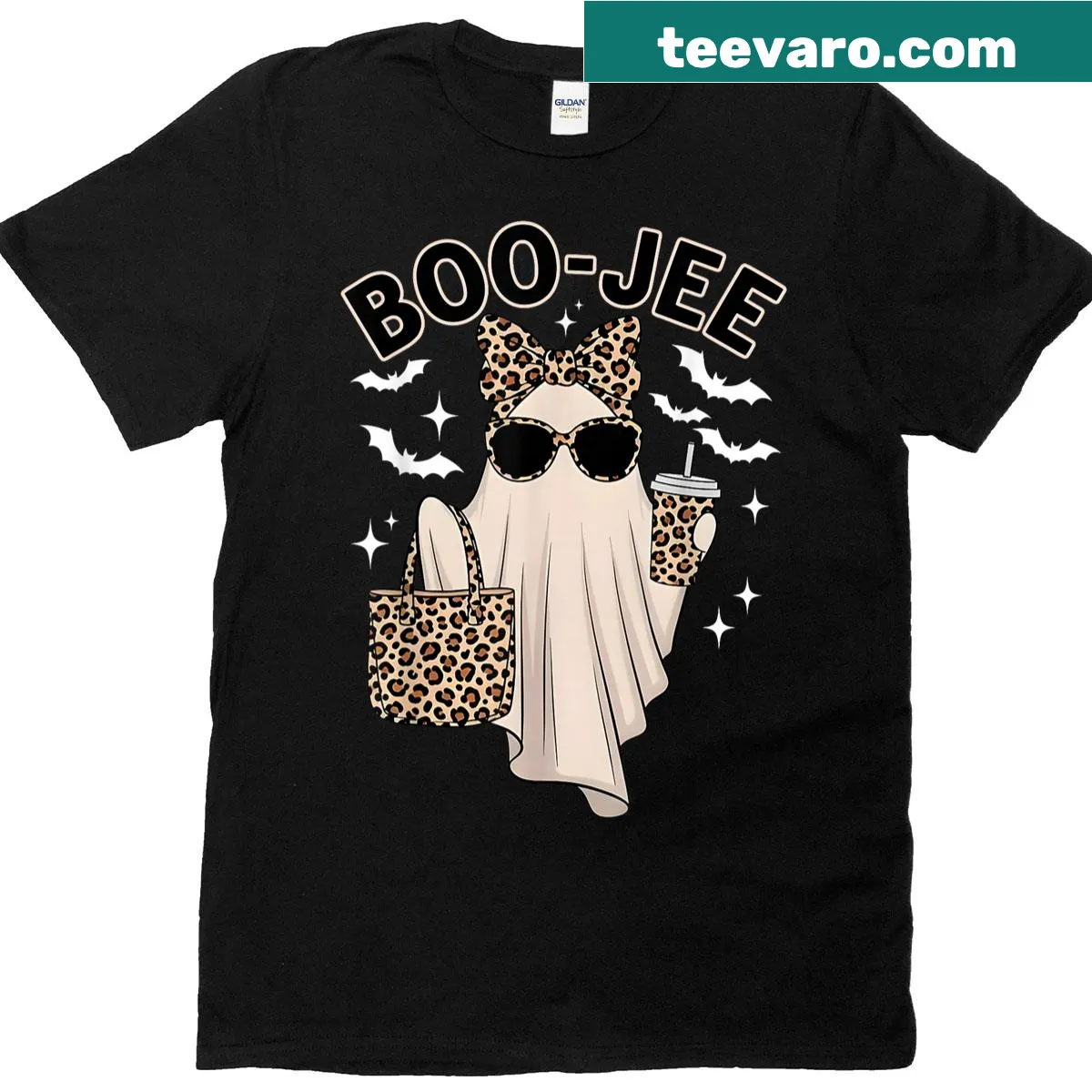 Stylish leopard ghost graphic on a Halloween T-shirt — on a men's t-shirt