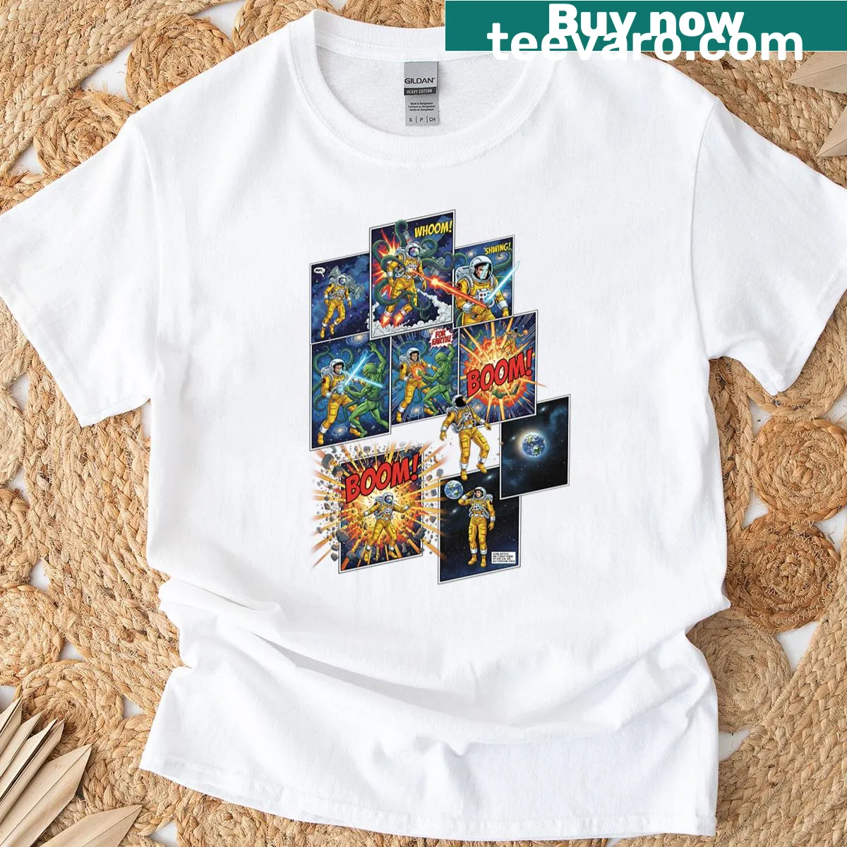 Illustrative cosmic monster design T-shirt with starry elements — on a men's t-shirt