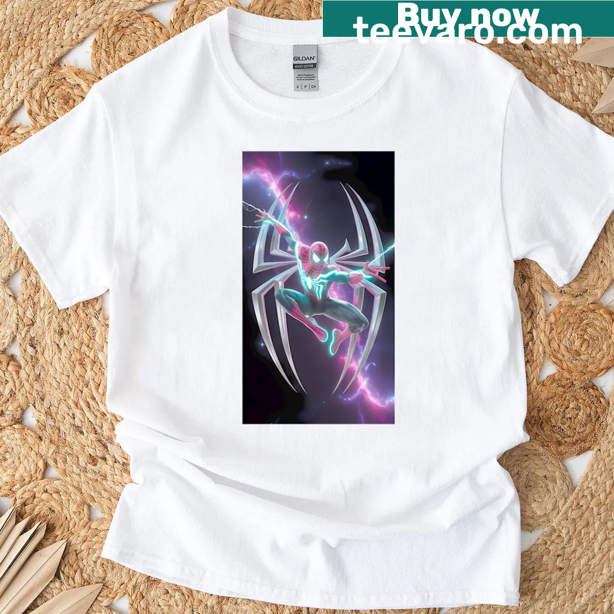 Neon glow webslinger graphic t-shirt for fun-loving fans — on a men's t-shirt