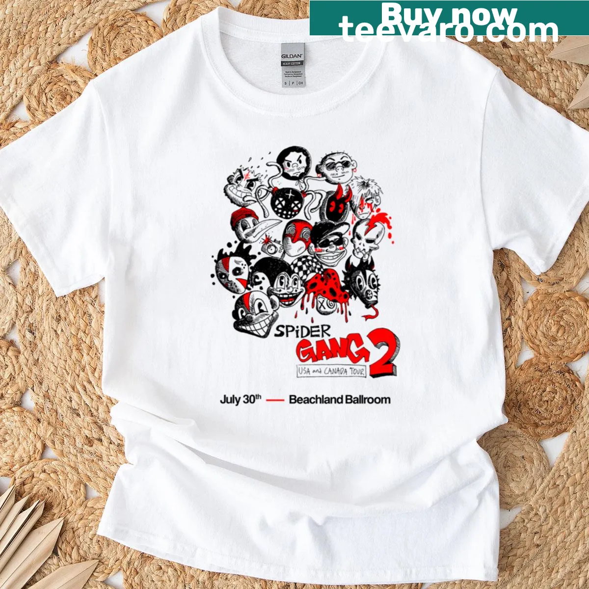 T-shirt featuring a playful illustration of a creepy spider gang — on a men's t-shirt
