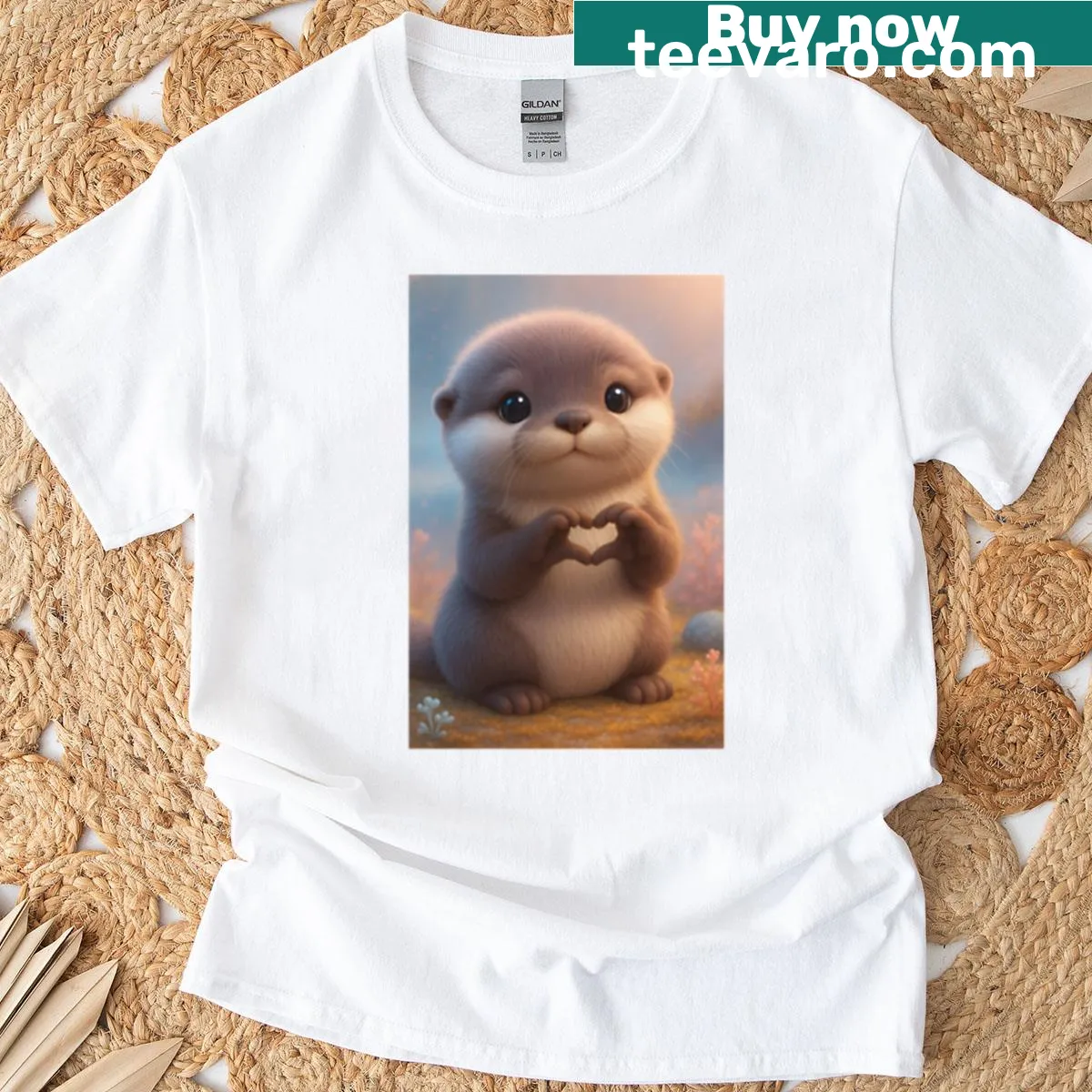 Illustration of a cute baby otter making a heart with its paws — on a men's t-shirt