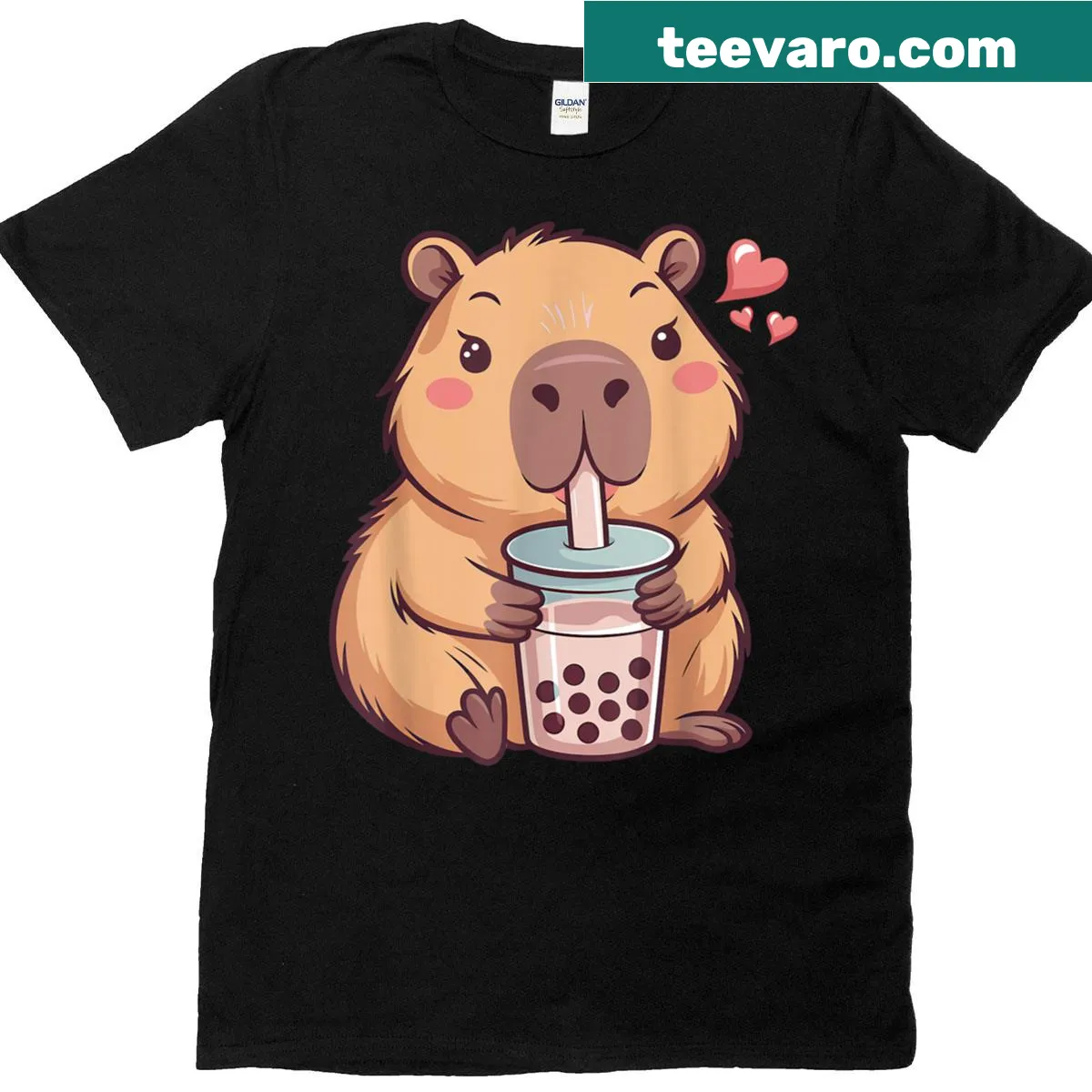 Cute T-shirt featuring a kawaii capybara drinking bubble tea — on a men's t-shirt