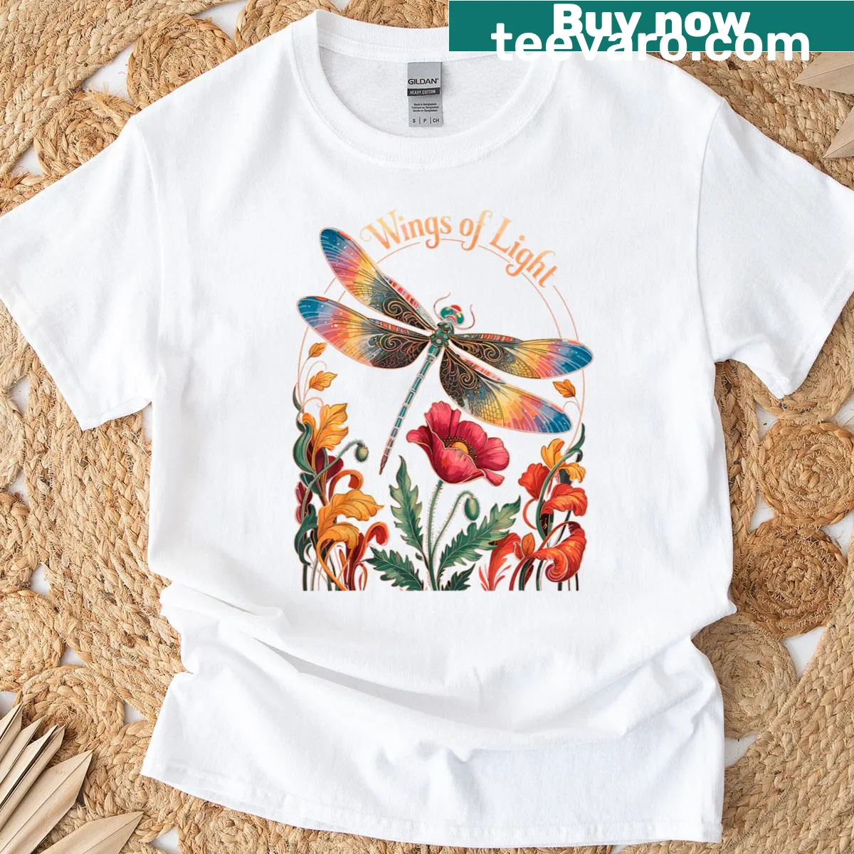 Whimsical dragonfly and floral design on a cute t-shirt — on a men's t-shirt