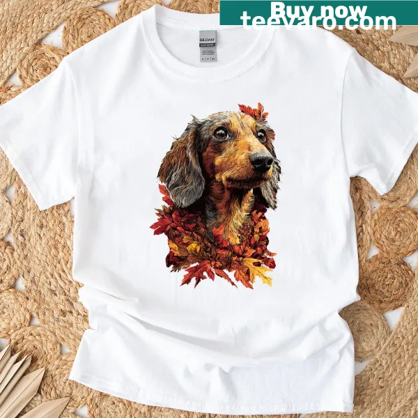 Dachshund surrounded by autumn leaves and flowers design.