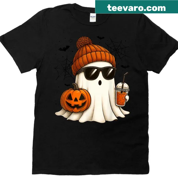 T-shirt with a cute ghost drinking iced coffee for Halloween