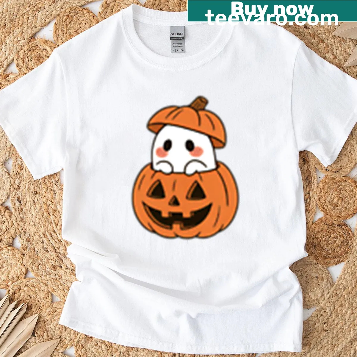 Kawaii design of a cute ghost inside a pumpkin Halloween t-shirt — on a men's t-shirt