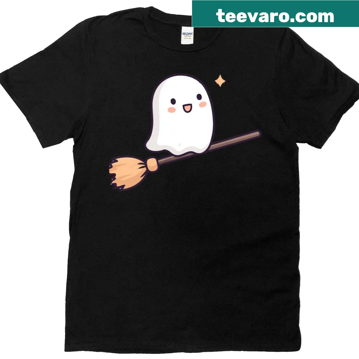 Cute cartoon ghost on a broomstick T-shirt — on a men's t-shirt