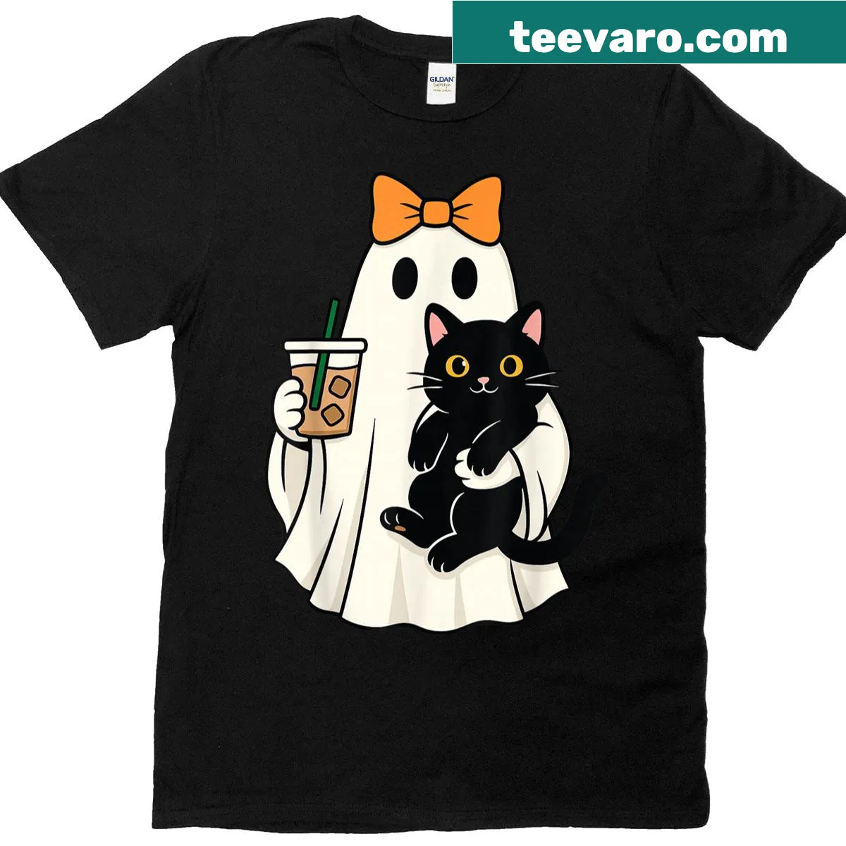 Cute cat ghost drinking coffee graphic on a T-shirt — on a men's t-shirt