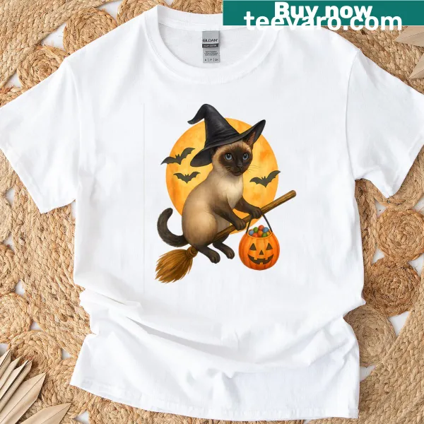 Adorable Siamese cat witch flying on a broom design.