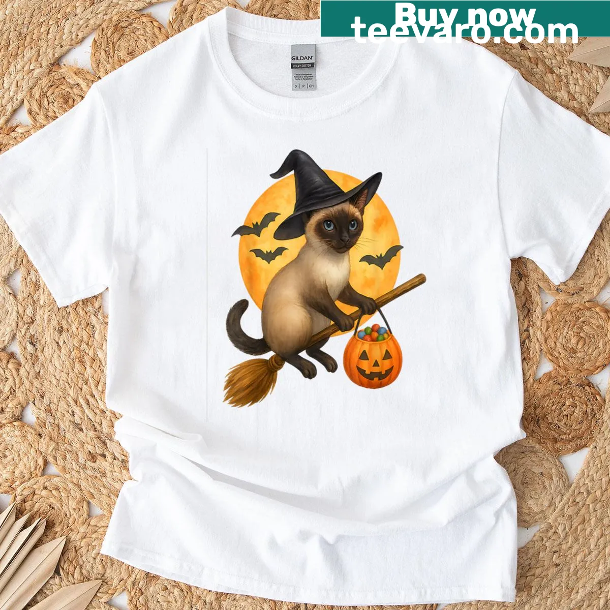 Adorable Siamese cat witch flying on a broom design. — on a men's t-shirt