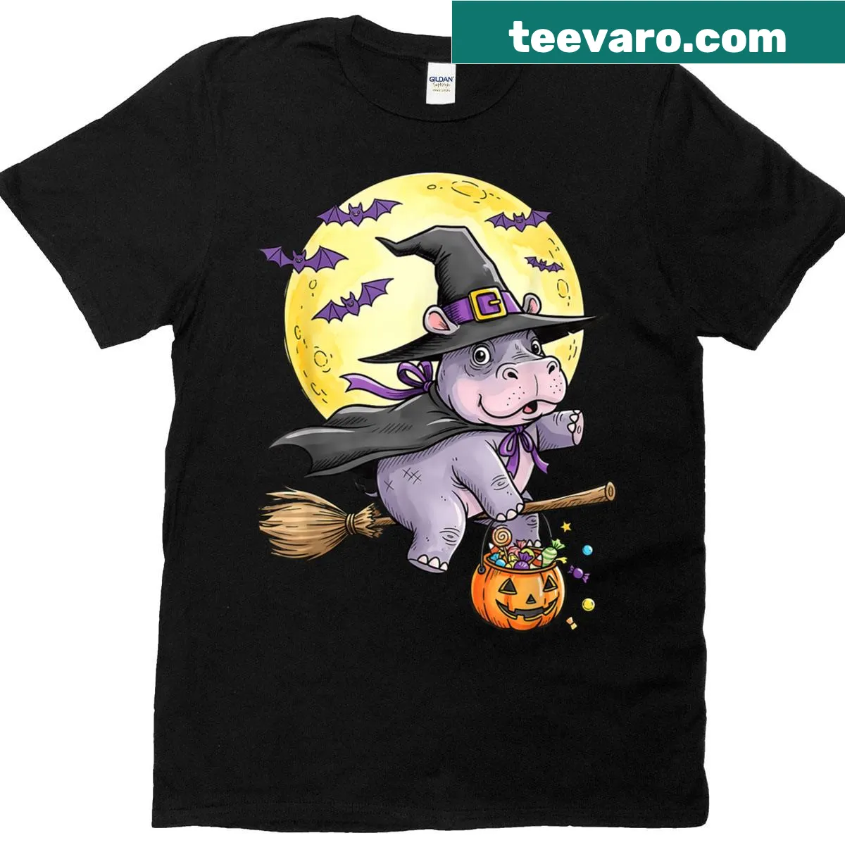 Cute hippo with pumpkin hat on Halloween-themed t-shirt — on a men's t-shirt