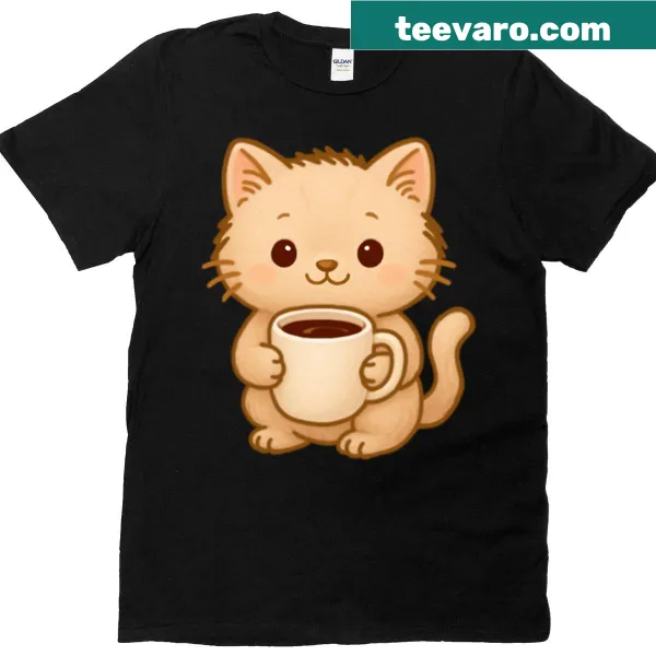 Adorable kitty cartoon t-shirt featuring a cat with a mug