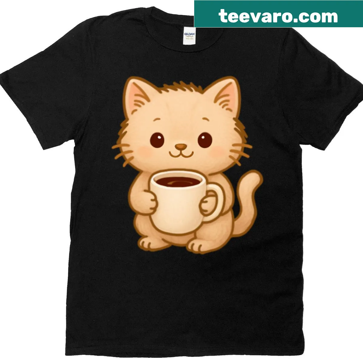 Adorable kitty cartoon t-shirt featuring a cat with a mug — on a men's t-shirt