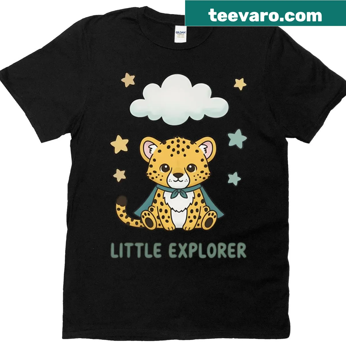 Oversized T-shirt featuring a cheetah with stars and clouds — on a men's t-shirt