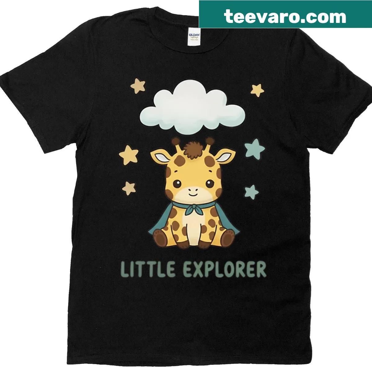 Illustration of a cute giraffe with clouds and stars on a T-shirt — on a men's t-shirt