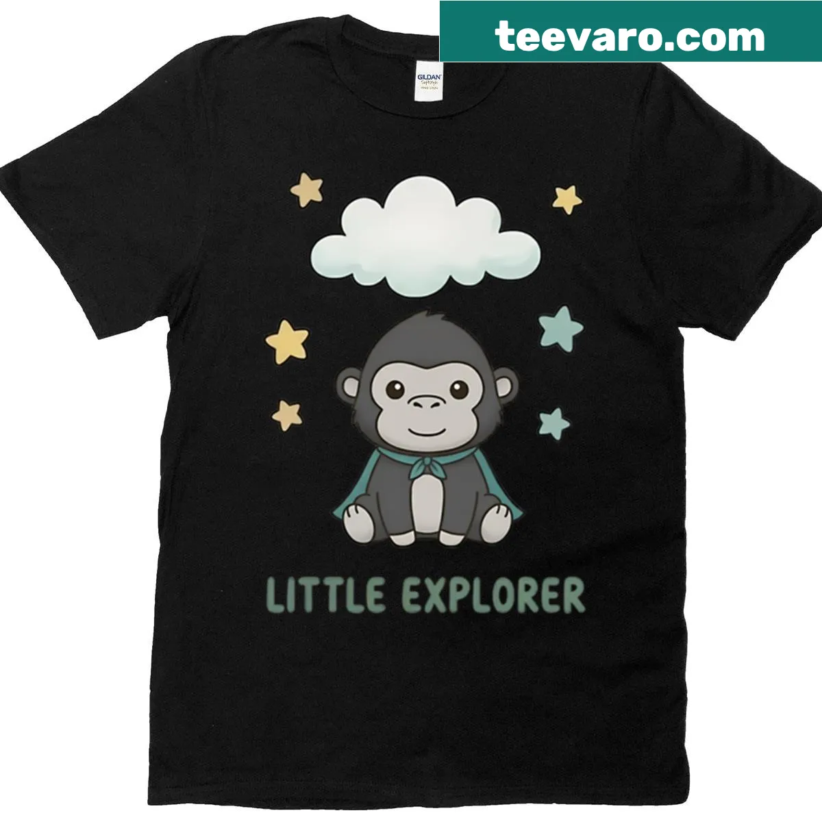Illustration of a cute monkey explorer wearing a cape and stars on a t-shirt — on a men's t-shirt