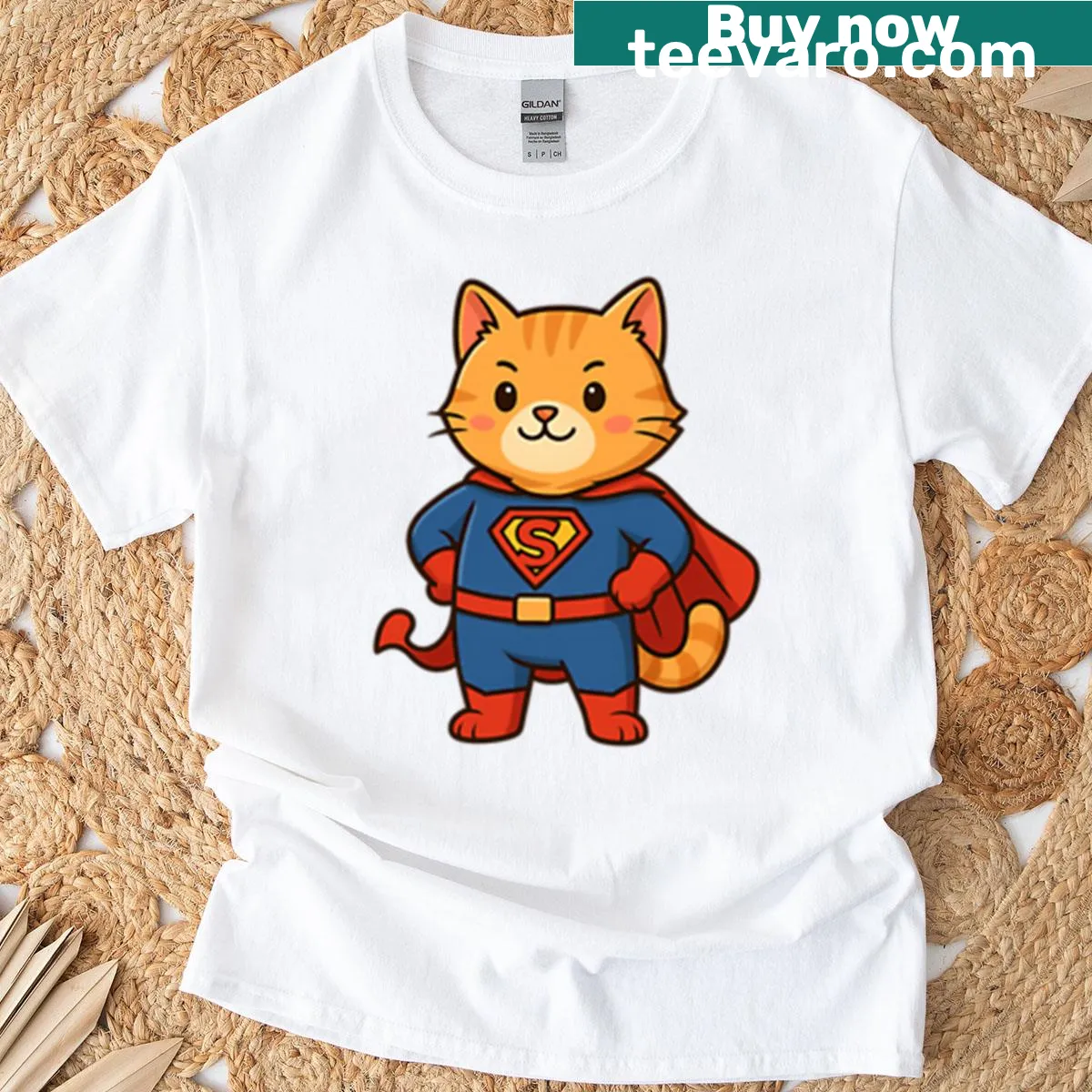 Oversized t-shirt with cute orange kitty superhero design — on a men's t-shirt