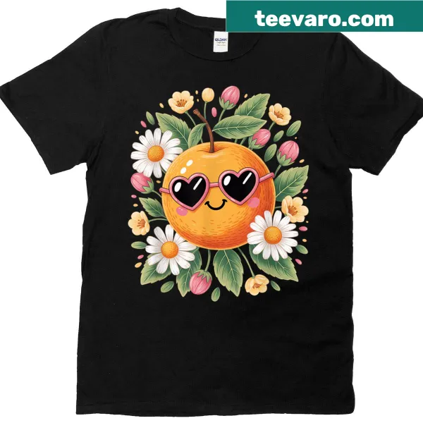 Illustration of a cute orange with a flower on a T-shirt