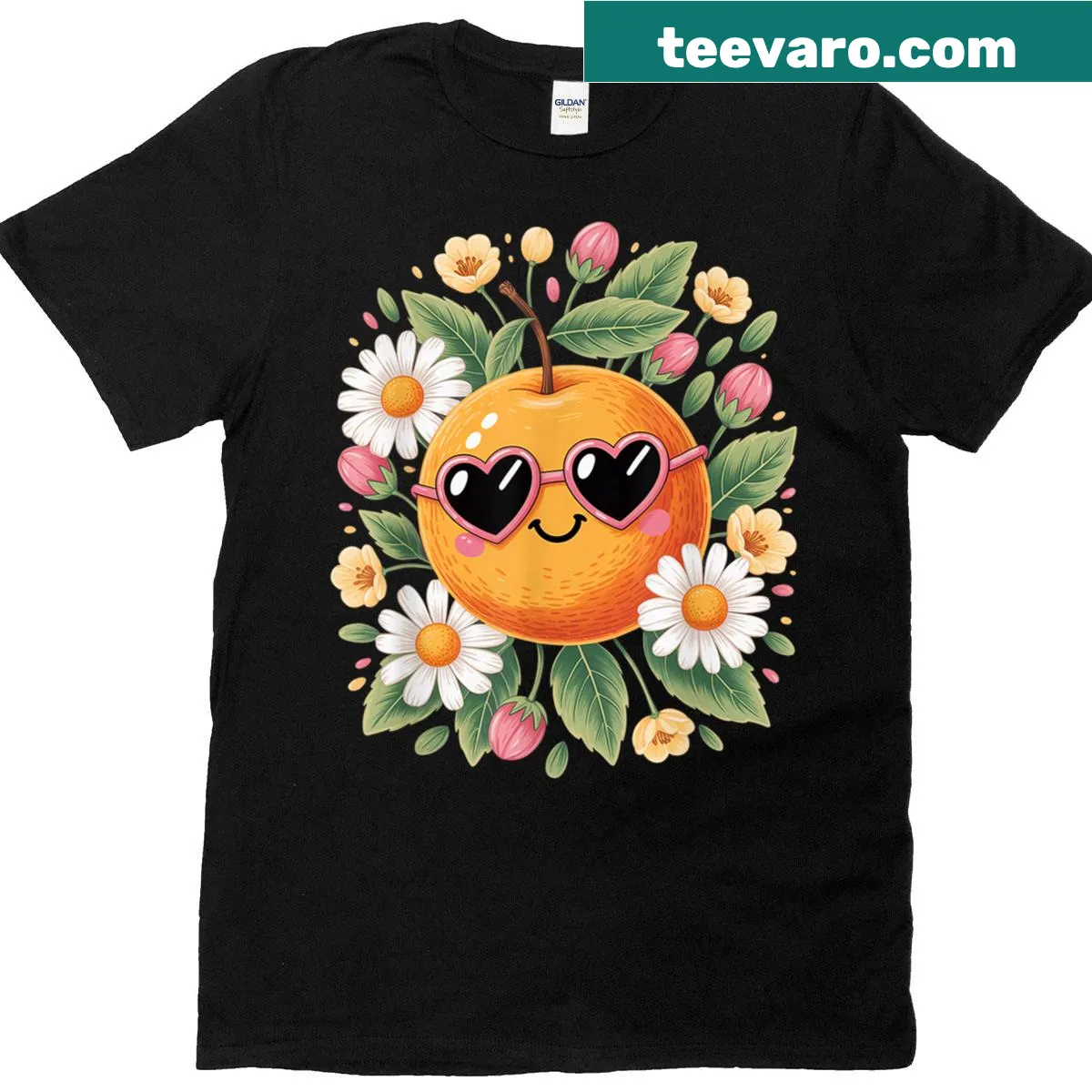 Illustration of a cute orange with a flower on a T-shirt — on a men's t-shirt
