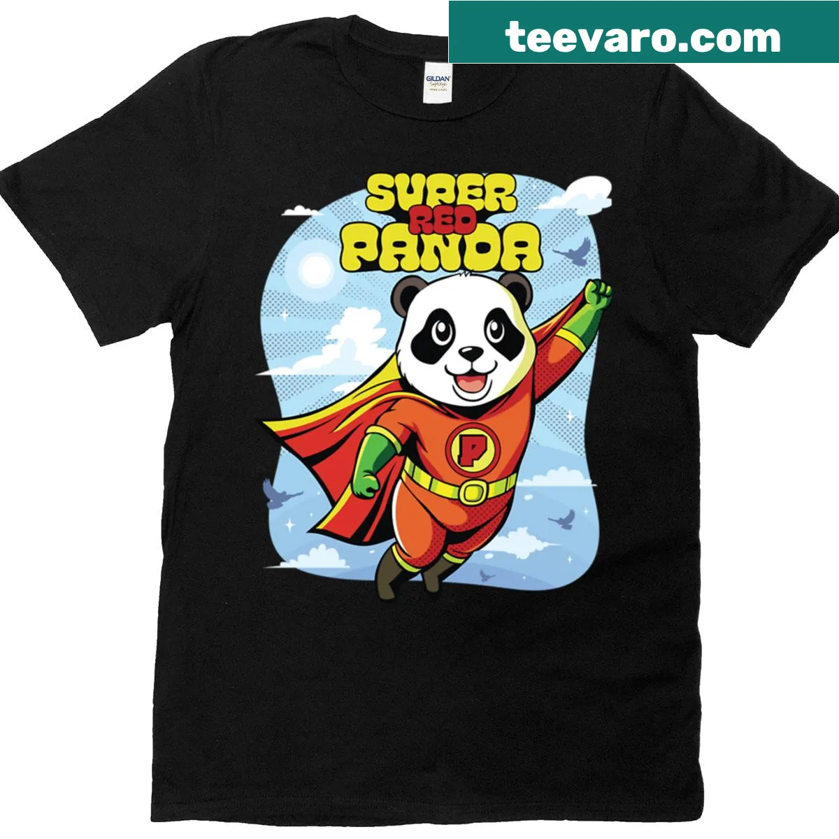 Illustration of a superhero bear with a red panda cape on a t-shirt — on a men's t-shirt